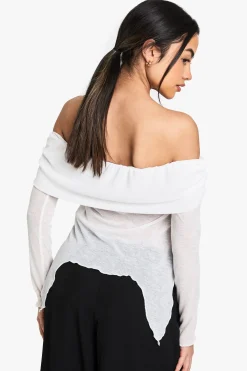 boohoo Top Bardot en mesh transparent avec détail drapé<Femme Tops