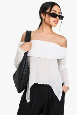 boohoo Top Bardot en mesh transparent avec détail drapé<Femme Tops
