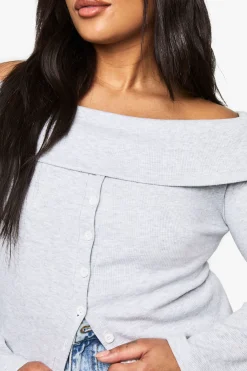 Top Bardot grande taille boutonné et en jersey côtelé