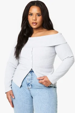 Top Bardot grande taille boutonné et en jersey côtelé