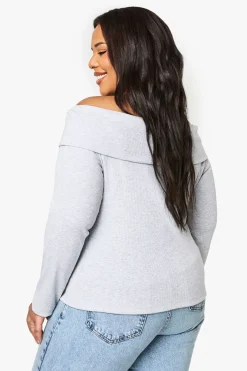 Top Bardot grande taille boutonné et en jersey côtelé