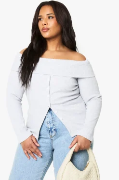 Top Bardot grande taille boutonné et en jersey côtelé