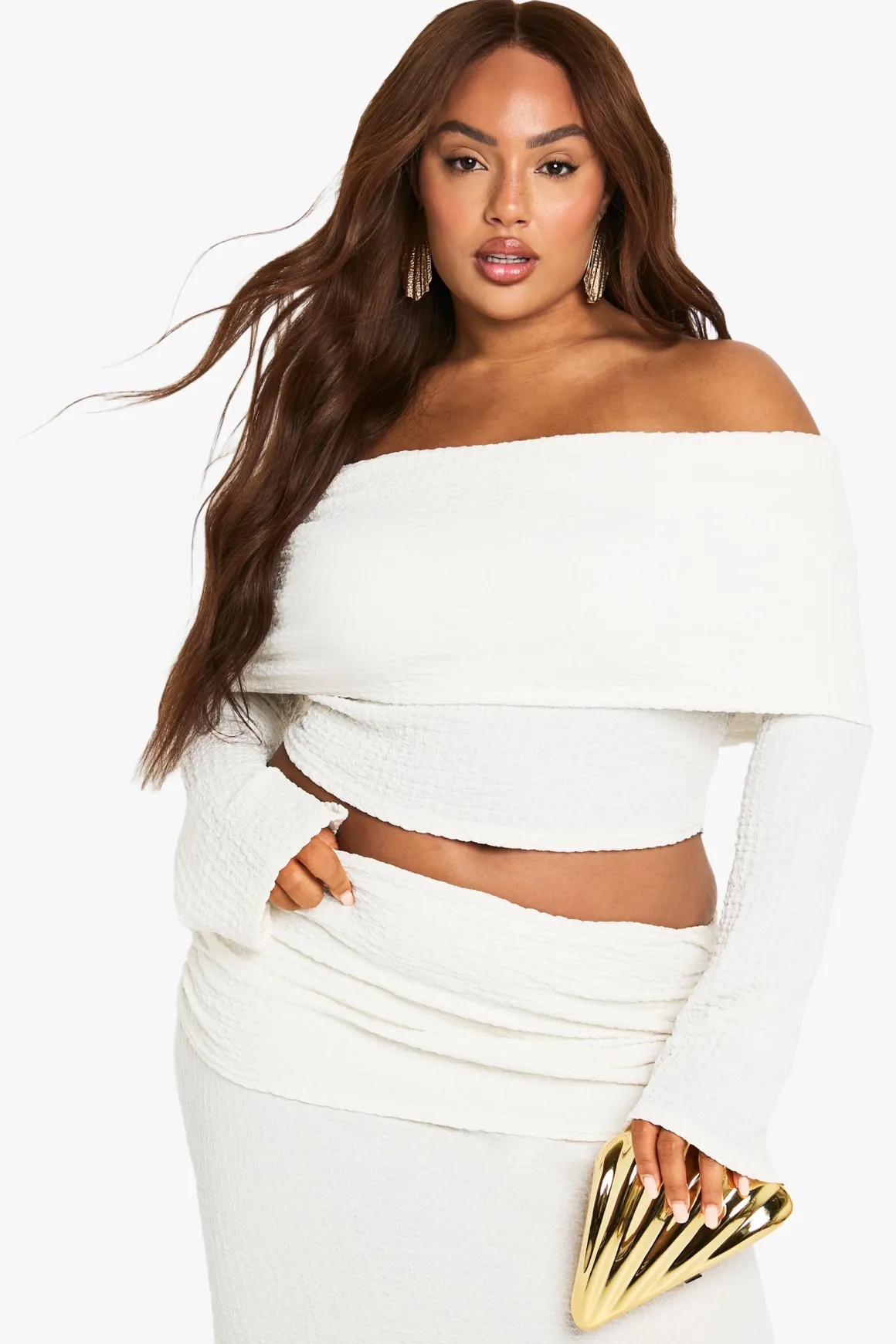 Top Bardot à manches longues en tissu froissé Plus