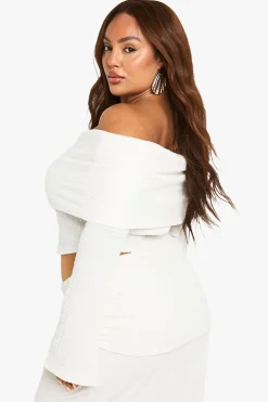 Top Bardot à manches longues en tissu froissé Plus