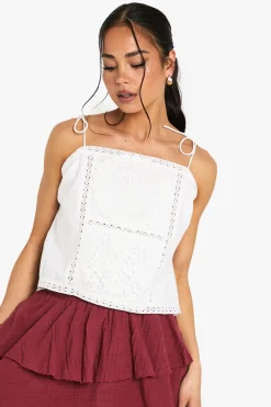 Top-camisole en popeline de coton, patchwork crocheté et à bretelles