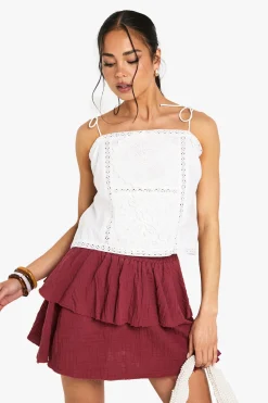 Top-camisole en popeline de coton, patchwork crocheté et à bretelles