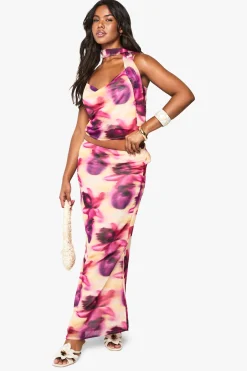 Top-cami tissé à imprimé floral flou avec encolure drapée