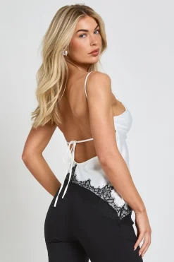 boohoo Top Caraco En Satin À Dos Noué Avec Dentelle Contrastante<Femme Satin Et Dentelle|Tops