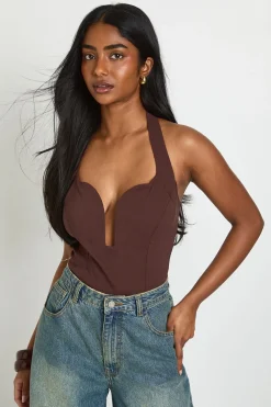 boohoo Top Corset Échancré En Bengaline Avec Col Halter<Femme Looks Chocolat|Tops