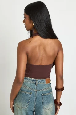 boohoo Top Corset Échancré En Bengaline Avec Col Halter<Femme Looks Chocolat|Tops