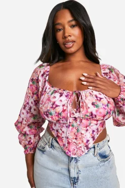 boohoo Top Corset Floral à Nouer Devant – Grandes Tailles<Femme Tops