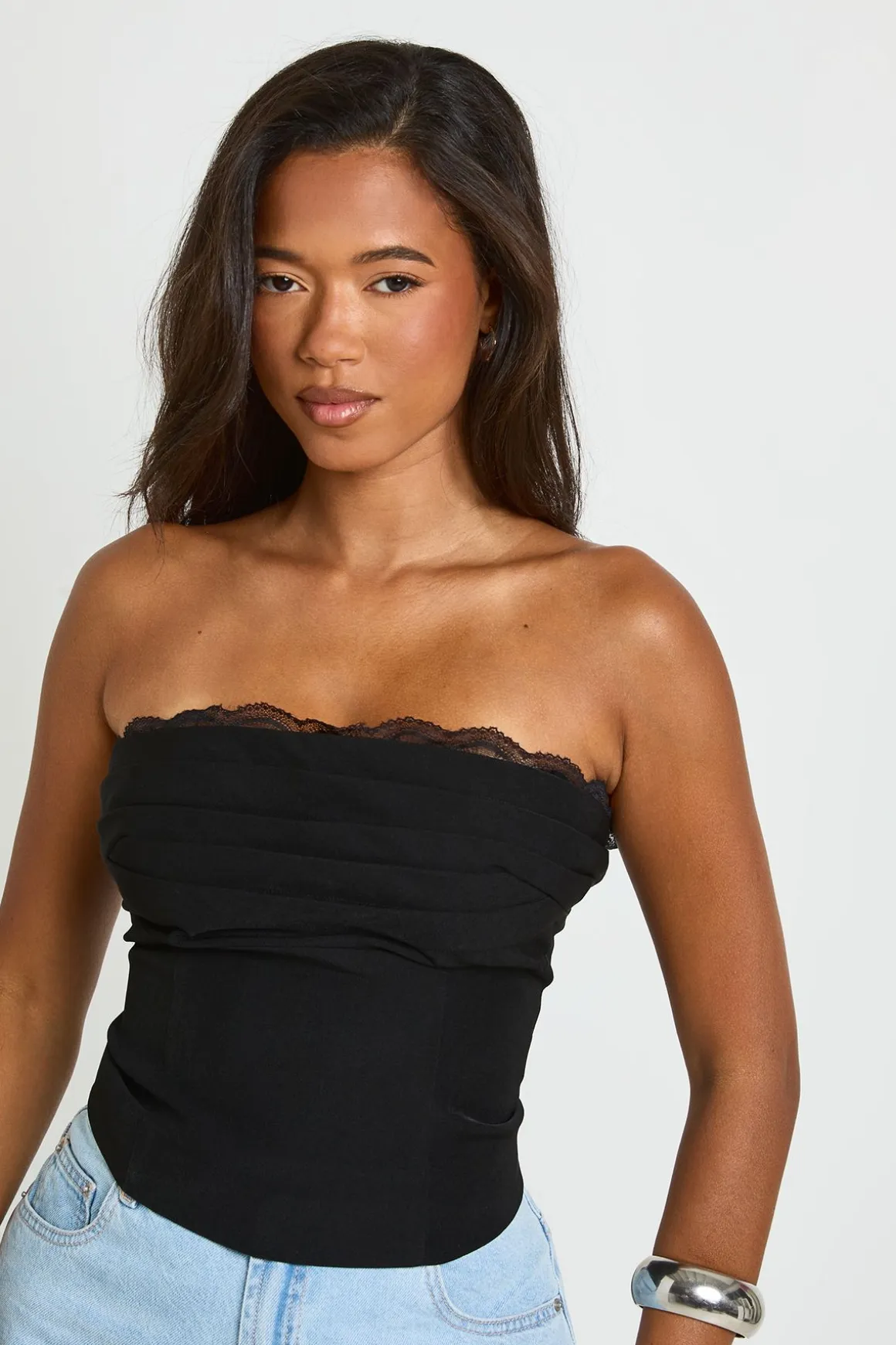 Top Corset Froncé Au Buste Avec Bordure En Dentelle