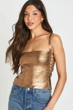 boohoo Top Corset Métallisé À Lacets Style Bandage<Femme Looks Chocolat|Satin Et Dentelle