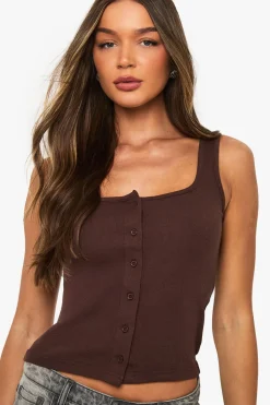 boohoo Top côtelé à boutons et encolure carrée traversante<Femme Looks Chocolat|Looks Preppy