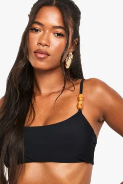 Top de bikini à encolure plongeante orné de pierres en résine