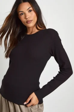 boohoo Top de maternité basique en maille côtelée à manches longues, coupe longue et ajusté<Femme Basiques|Tops