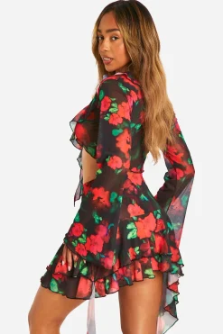 boohoo Top de plage floral à volants noué sur le devant<Femme Tenues De Plage