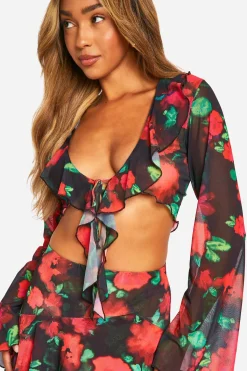 boohoo Top de plage floral à volants noué sur le devant<Femme Tenues De Plage