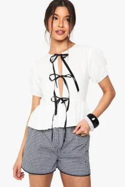 boohoo Top à effet lin à nœud et manches bouffantes<Femme Tops