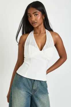 boohoo Top En Bengaline À Encolure Américaine Avec Empiècement En Résille<Femme Tops
