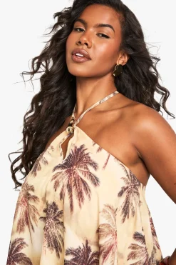 Top en chiffon à imprimé palmier, encolure halterneck et volants