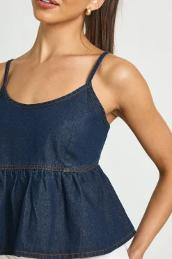 Top En Denim À Bretelles Avec Ourlet À Volant