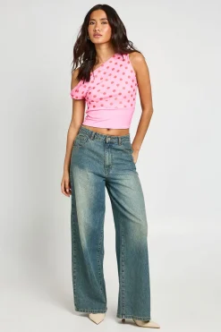 Top En Mesh À Pois Avec Épaule Dénudée Et Large Bande À La Taille