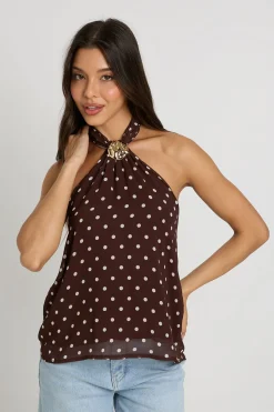 boohoo Top En Mousseline À Pois Avec Encolure Dos-nu Et Détail Doré<Femme Pois|Tops
