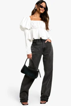 Top en satin à manches bouffantes et poitrine froncée