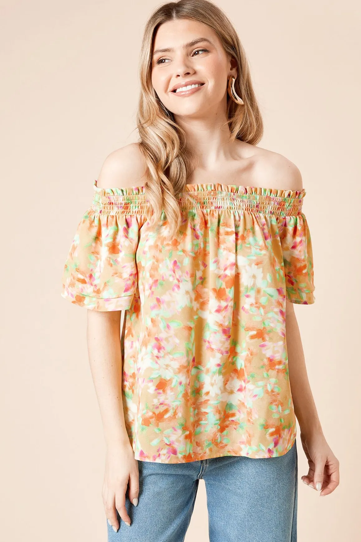 Top Floral Bardot à Manches Double Volant