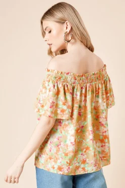 Top Floral Bardot à Manches Double Volant