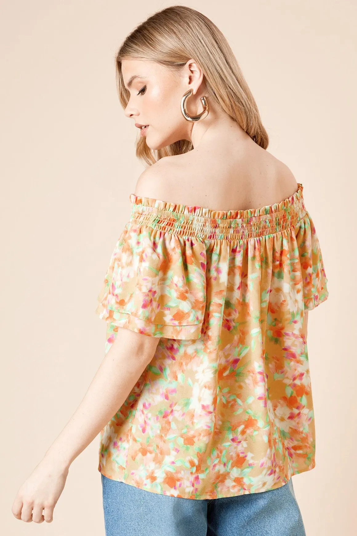 Top Floral Bardot à Manches Double Volant