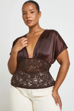 boohoo Top Grande Taille Buste Satin Taille Dentelle Décolleté V<Femme Satin Et Dentelle|Tops