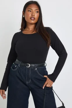boohoo Top Grande Taille Côtelé À Encolure Dégagée Coupe Ajustée Longue À Manches Longues<Femme Basiques|Tops