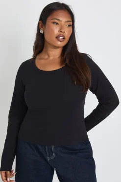 boohoo Top Grande Taille Côtelé À Encolure Dégagée Coupe Ajustée Longue À Manches Longues<Femme Basiques|Tops