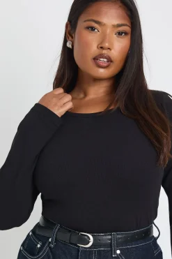 boohoo Top Grande Taille Côtelé À Encolure Dégagée Coupe Ajustée Longue À Manches Longues<Femme Basiques|Tops