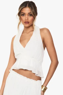 Top halterneck à encolure portefeuille en tissage