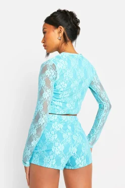 boohoo Top à manches longues en dentelle à effet froncé sur le devant<Femme Satin Et Dentelle|Tops