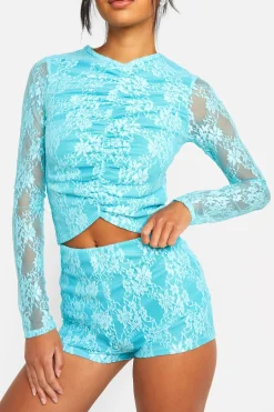 boohoo Top à manches longues en dentelle à effet froncé sur le devant<Femme Satin Et Dentelle|Tops