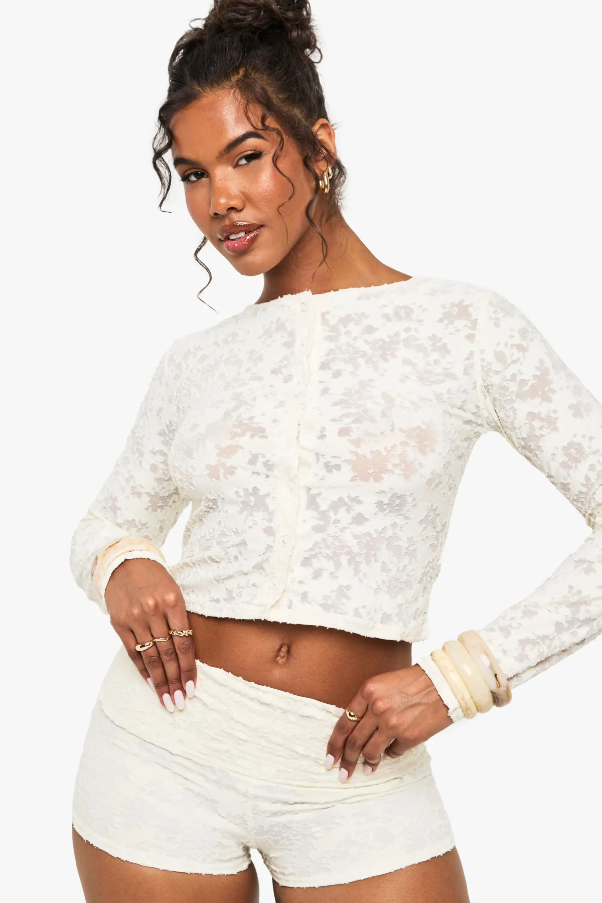 boohoo Top à manches longues en jacquard fleuri à boutons<Femme Tops