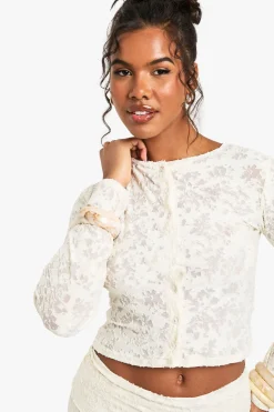 boohoo Top à manches longues en jacquard fleuri à boutons<Femme Tops