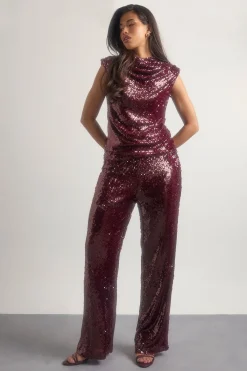 boohoo Top pailleté à col montant froncé<Femme Tops|Looks Bordeaux