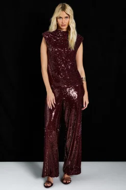 boohoo Top pailleté à col montant froncé<Femme Tops|Looks Bordeaux