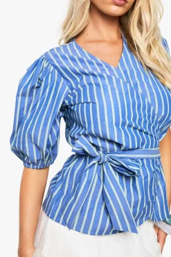 Top portefeuille à manches bouffantes rayé