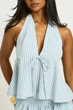 boohoo Top Péplum Rayé À Encolure Licou Avec Lien Devant<Femme Tops