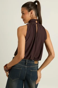 boohoo Top Sans Manches À Col Montant Et Ourlet Bouffant<Femme Looks Chocolat|Tops