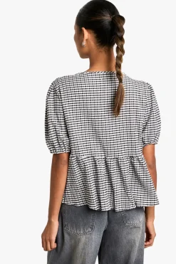 Top smock en gingham avec nœud à l'avant et manches bouffantes