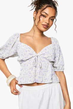 Top smock imprimé floral tissé à manches bouffantes
