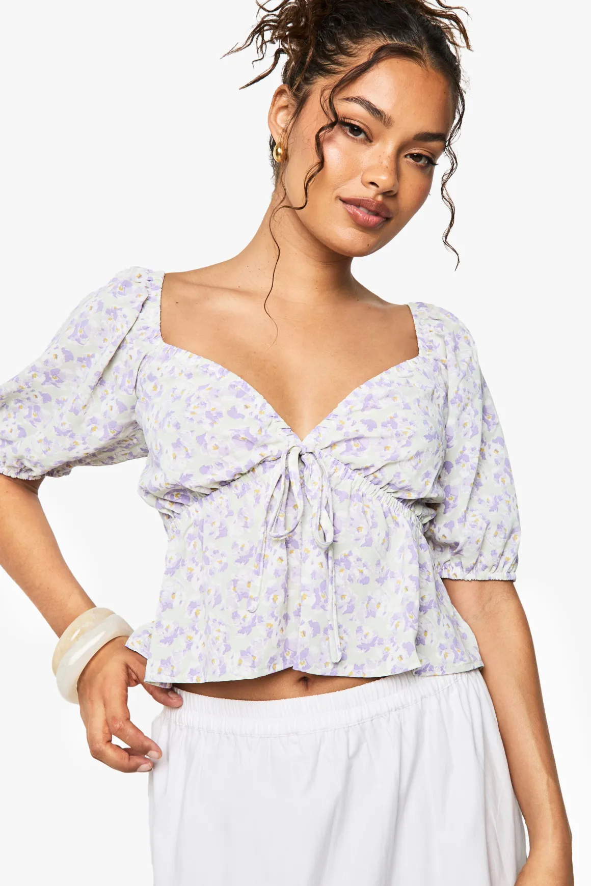 Top smock imprimé floral tissé à manches bouffantes