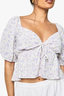 Top smock imprimé floral tissé à manches bouffantes